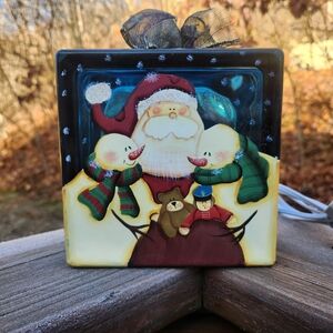 Festive Santa and Snowmen Lighted BLUE Glass Block